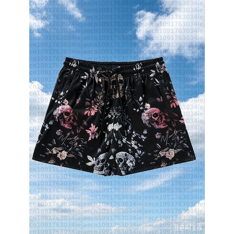 Running Gear Design - Sommer Atmungsaktive Basketball-Shorts Totenkopf-Flammen-Design Lässige Athletische